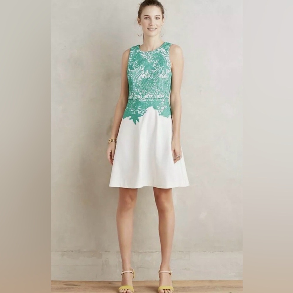 Moulinette Soeurs Anthropologie Green White Arbor Lace Fit & Flare Dress 10